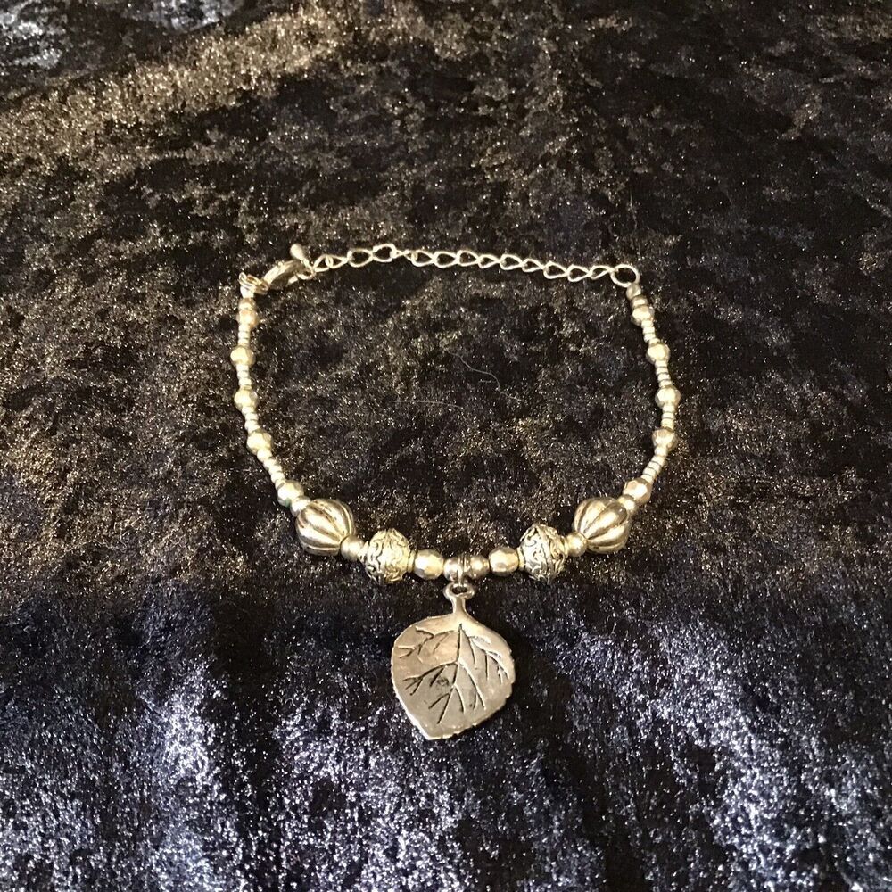 Silver Tone Beaded Leaf Charm Bracelet Adjustable Nature Fairy Boho Woodsy Fall - Picture 2 of 5